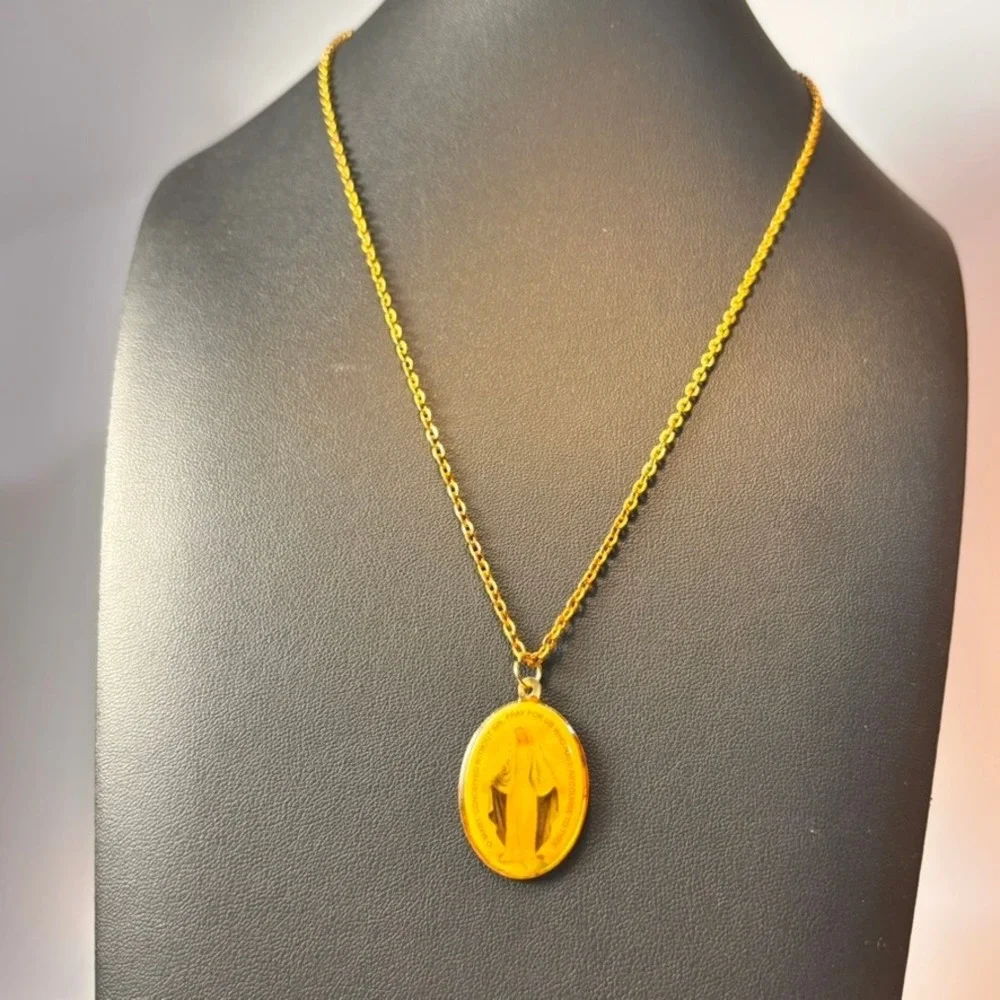 Vintage Miraculous Medal Necklace Gold Yellow Resin Religious Catholic Statement